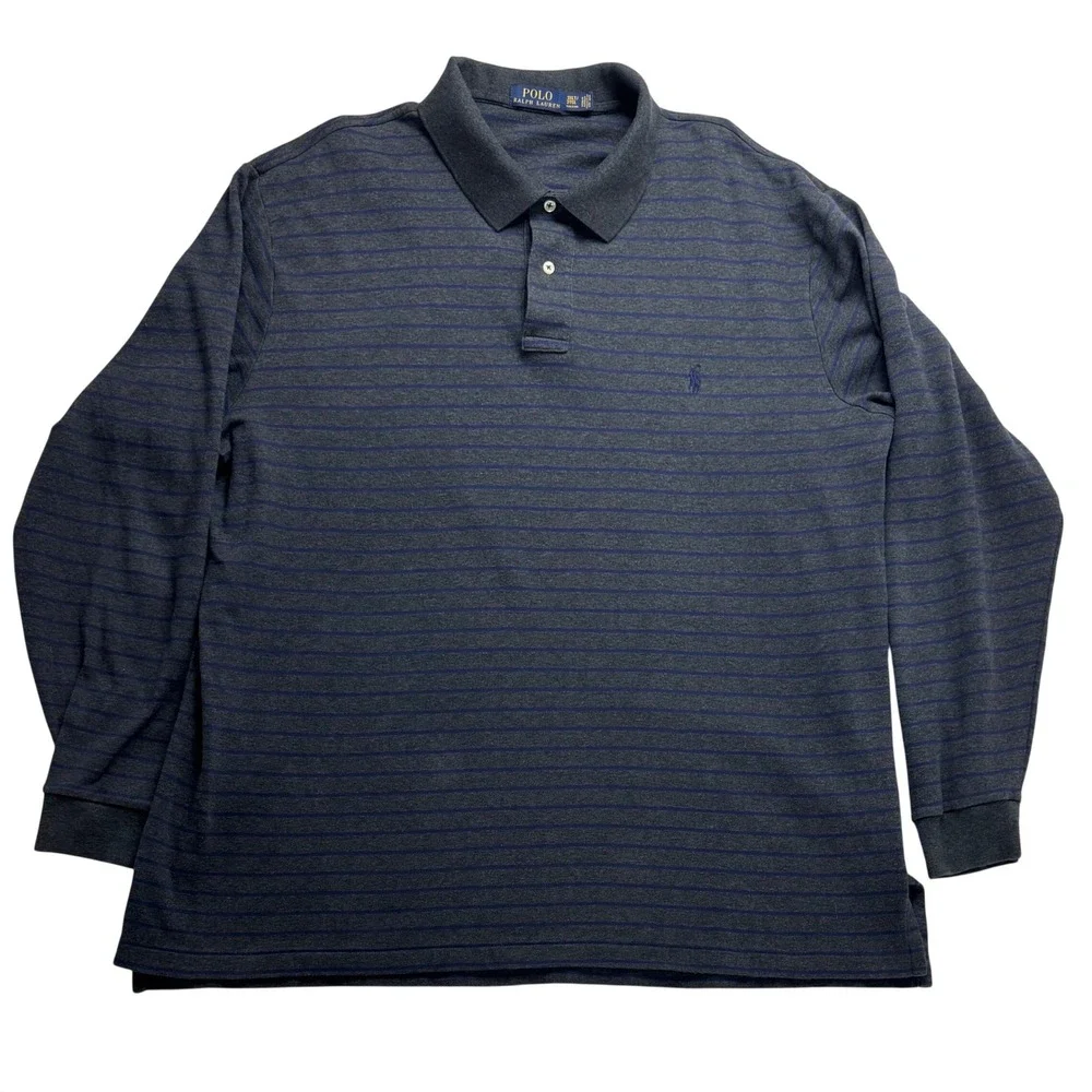 Polo Ralph Lauren Mens 3XLT Long Sleeve Striped Polo Shirt Grey Navy Blue‎ Tall